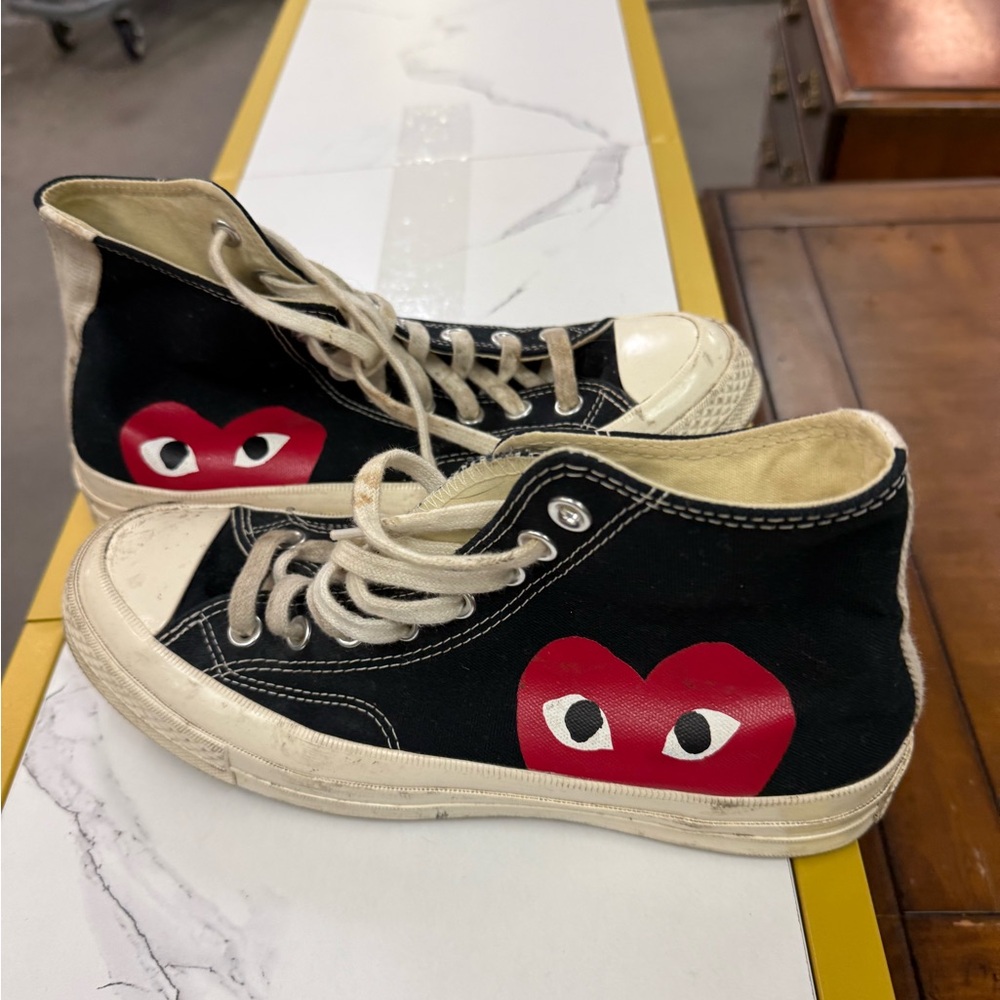 Comme des Garcons Converse Black and White High-Top Sneakers with Red Heart